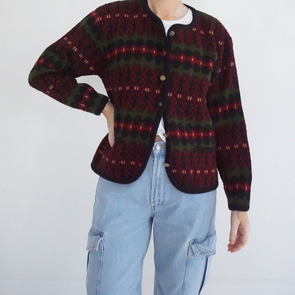 Vintage Tally Ho Red Green Fair Isle Nordic Alpine Winter Knit Cardigan S